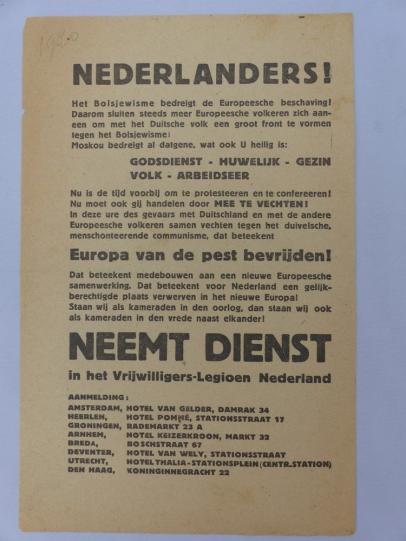 NSB Propaganda Leaflet - Nederlanders! Neemt Dienst - Vrijwilligers-Legioen Nederland