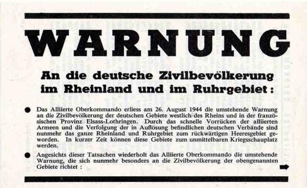 Allie Leaflet - WARNUNG An die Deutsche Zivilbevolkerung im Rheinland und im Ruhrgebiet: