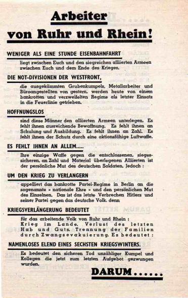 Allied Leaflet - Arbeiter von Ruhr und Rhein!  Title back: ......Darum: