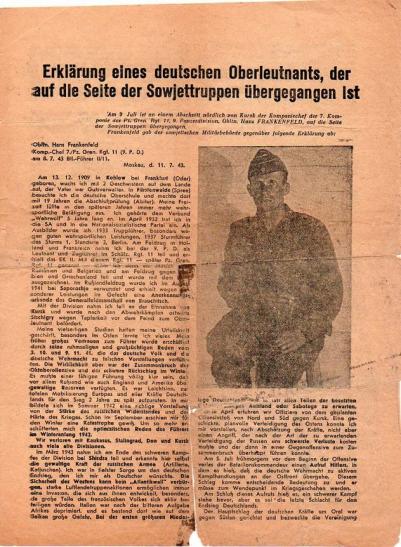 Russian Leaflet - Erklärung eines deutschen Oberleutnants, der auf die Seite der Sowjettruppen ubergegangen ist