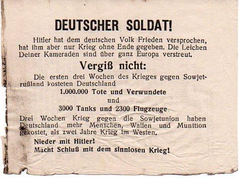 Russian Leaflet - Deutscher Soldat! Hitler hat dem Deutschen Volk Frieden versprochen hat ihm aber nur Krieg ohne Ende gegeben.