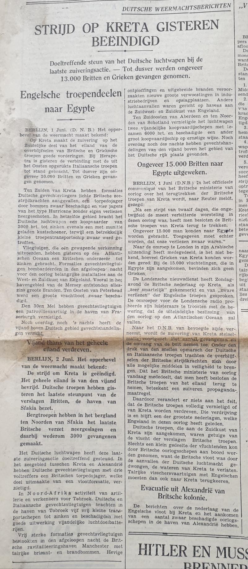 Dutch Newspaper ending Battle of Crete 3 June 1941.