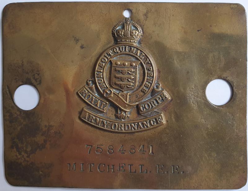 Named Brass Duty Bed Plate - RAOC (Royal Army Ordonance Corps) - Mitchell E. E.