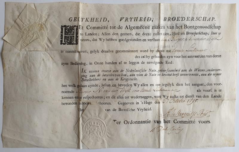 Acte uit 1795 in de tijd van de Bataafse Republiek, aanstelling tot Tweede Lieutenant  -  1795 Document in time of the Batavian Republic, appointment as Second Lieutenant.